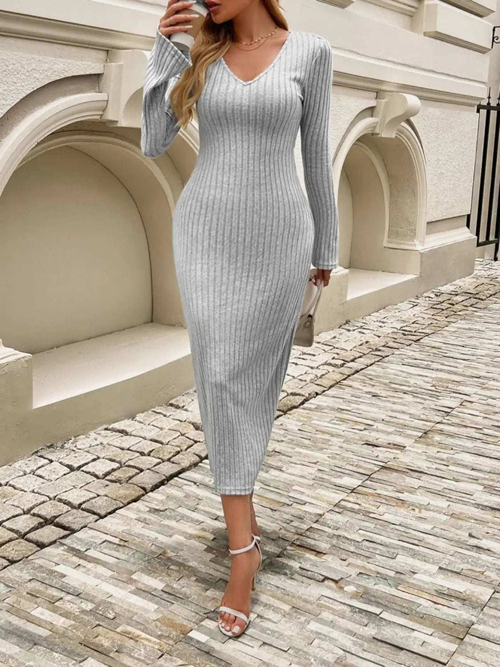 Devine Tied V-Neck Long Sleeve Sweater Dress - Trendsi - Flyclothing LLC