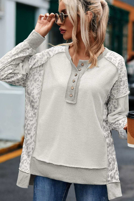 Exposed Seam Leopard Long Sleeve Sweatshirt - Trendsi - Flyclothing LLC