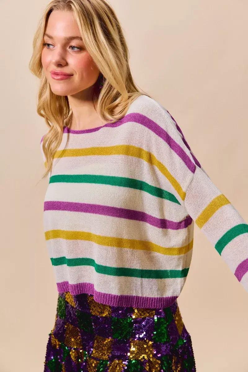 SO ME Mardi Gras Color Stripe Lightweight Sweater Top - Trendsi - Flyclothing LLC