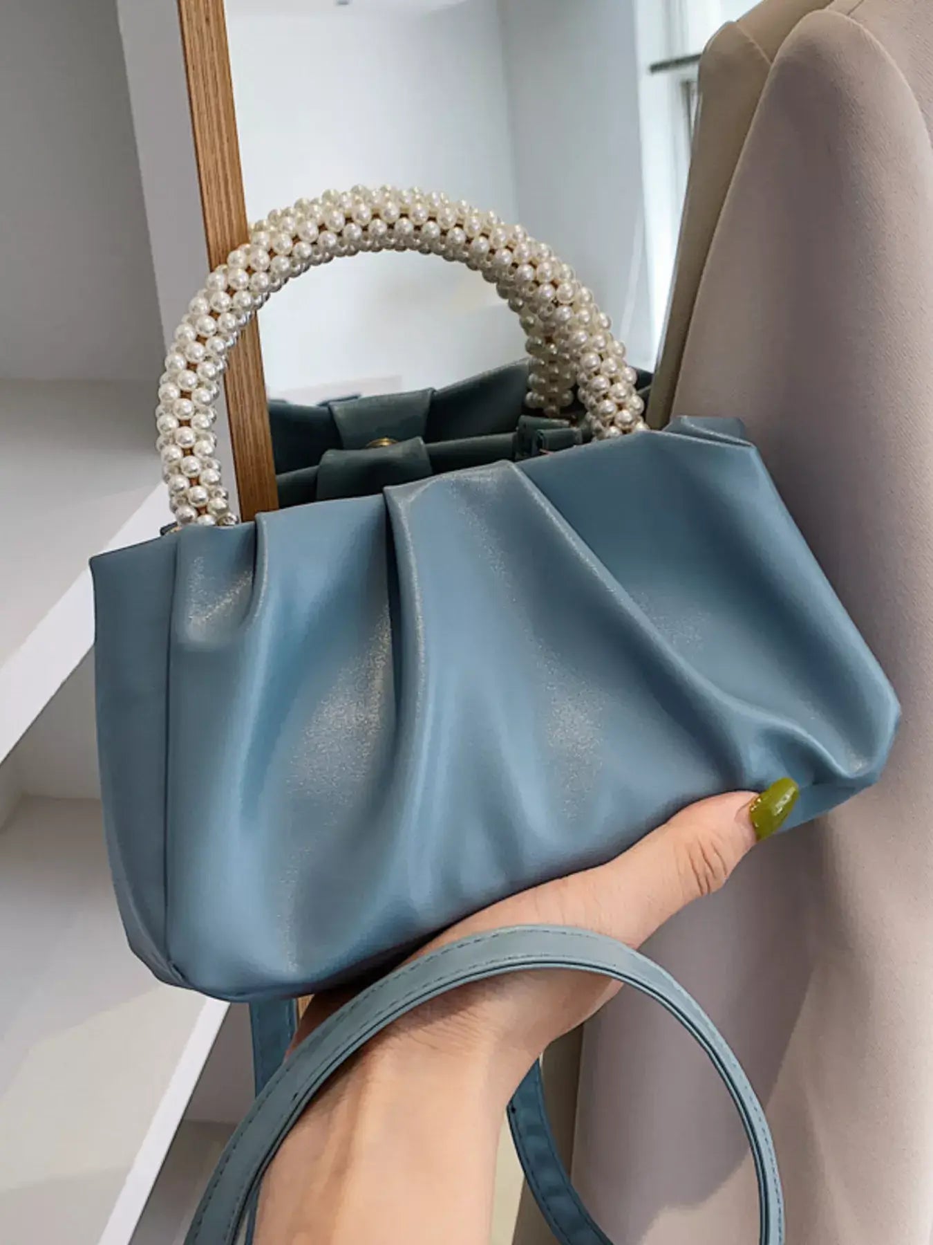 Pearl Handle Ruched Crossbody Bag - Trendsi - Flyclothing LLC