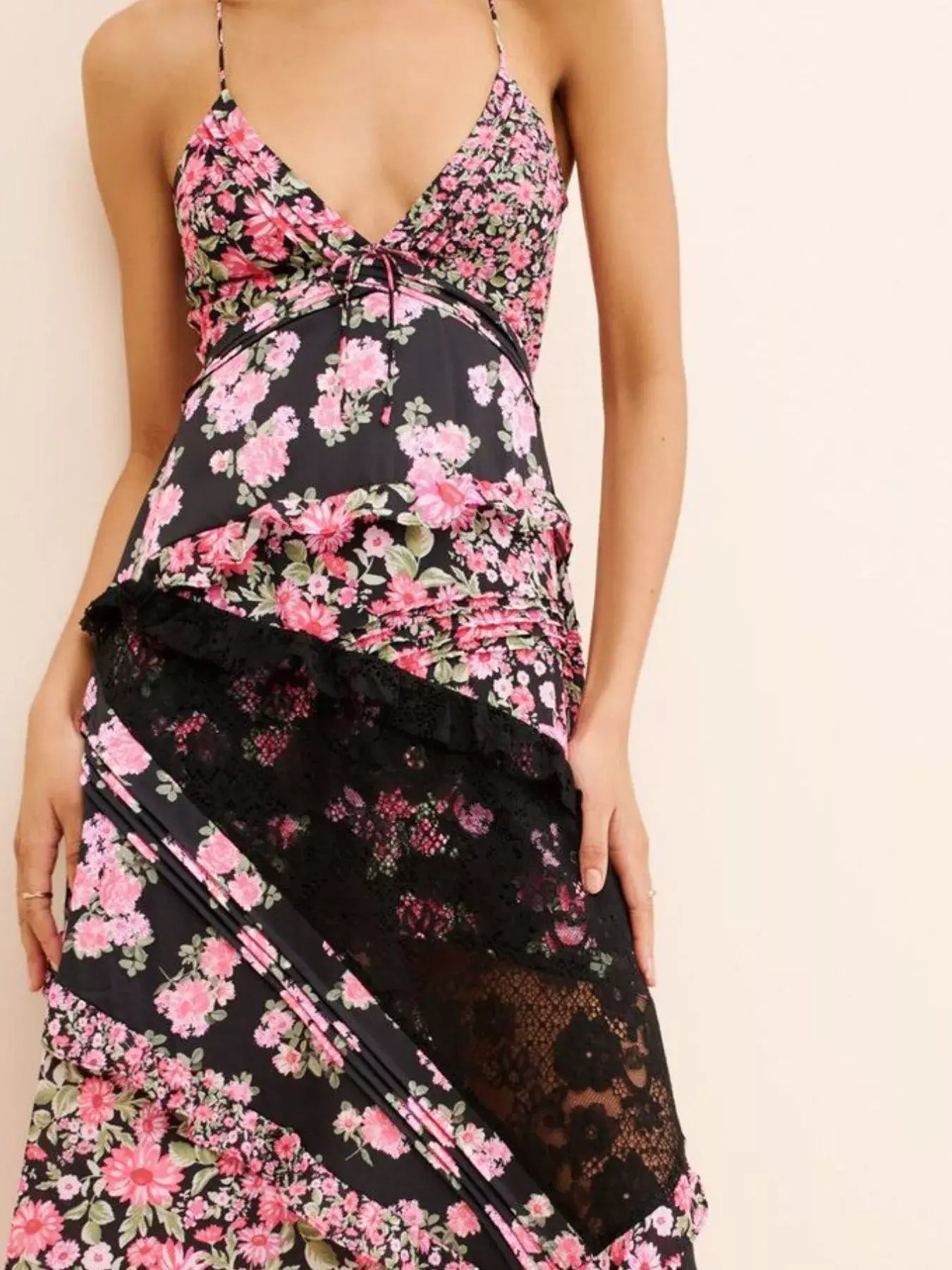 Lace Detail Ruffled Floral V-Neck Maxi Dress - Trendsi - Flyclothing LLC