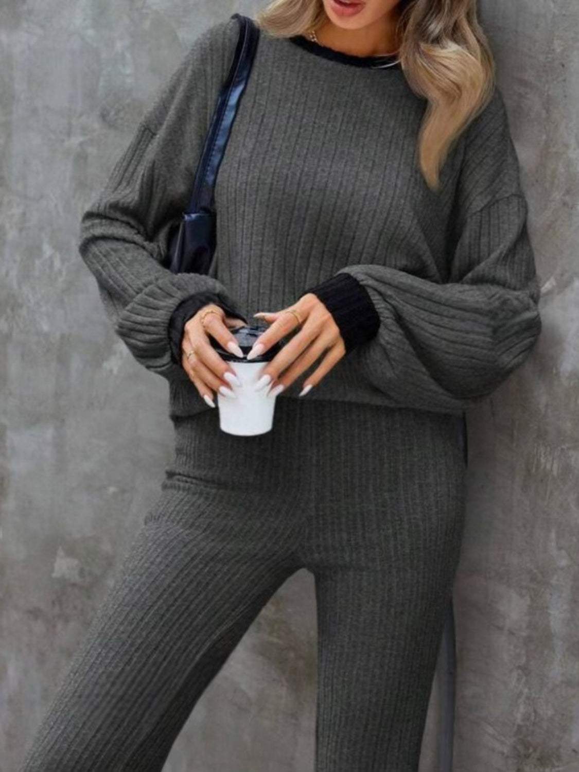 Contrast Round Neck Long Sleeve Top and Bootcut Pants Set - Trendsi - Flyclothing LLC
