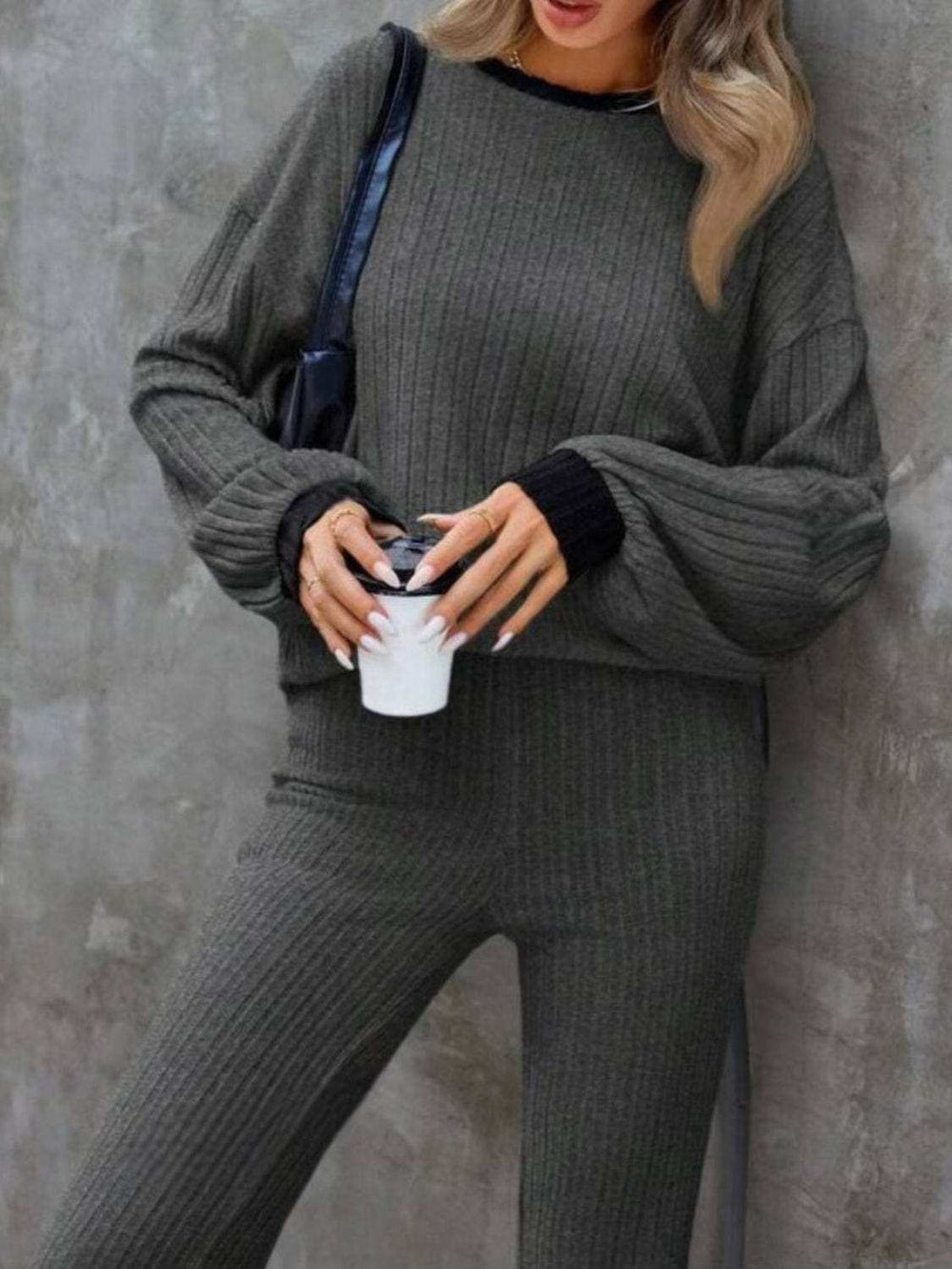 Contrast Round Neck Long Sleeve Top and Bootcut Pants Set - Trendsi - Flyclothing LLC