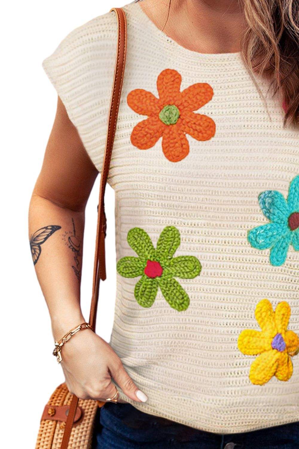 Flower Round Neck Cap Sleeve Knit Top - Trendsi - Flyclothing LLC