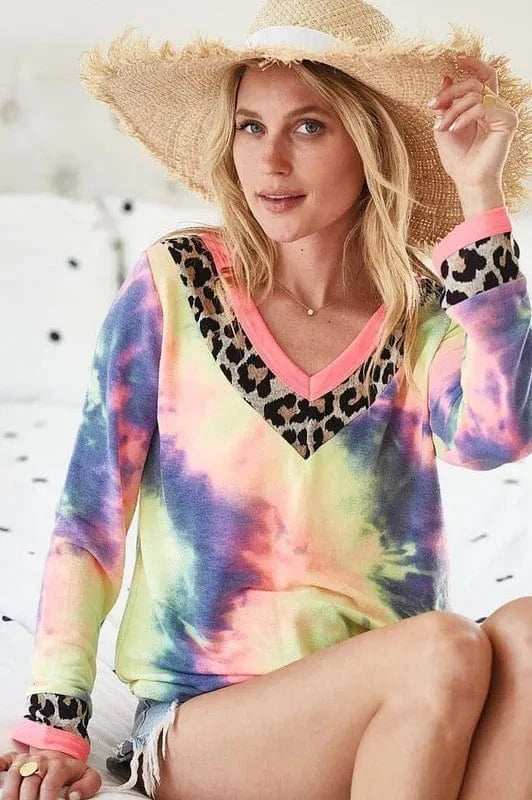 BiBi Tie Dye Terry V-Neck Top - Trendsi - Flyclothing LLC