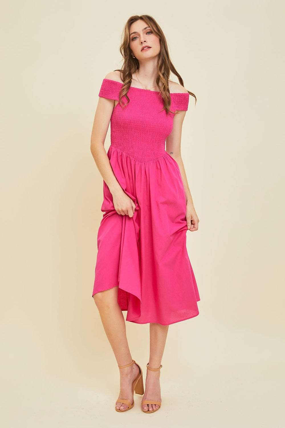 HEYSON Off-Shoulder Smocked Midi Dress - Trendsi - Flyclothing LLC