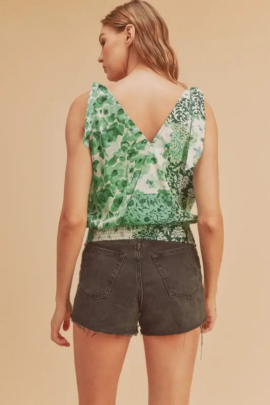 Aemi + Co Smocked Hem Printed Surplice Tank - Trendsi - Flyclothing LLC