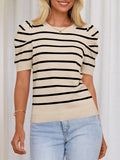 Striped Round Neck Puff Sleeve Knit Top - Trendsi