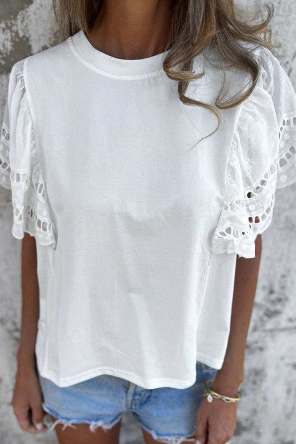Hollow Out Embroidered Short Sleeve Round Neck Top - Trendsi - Flyclothing LLC