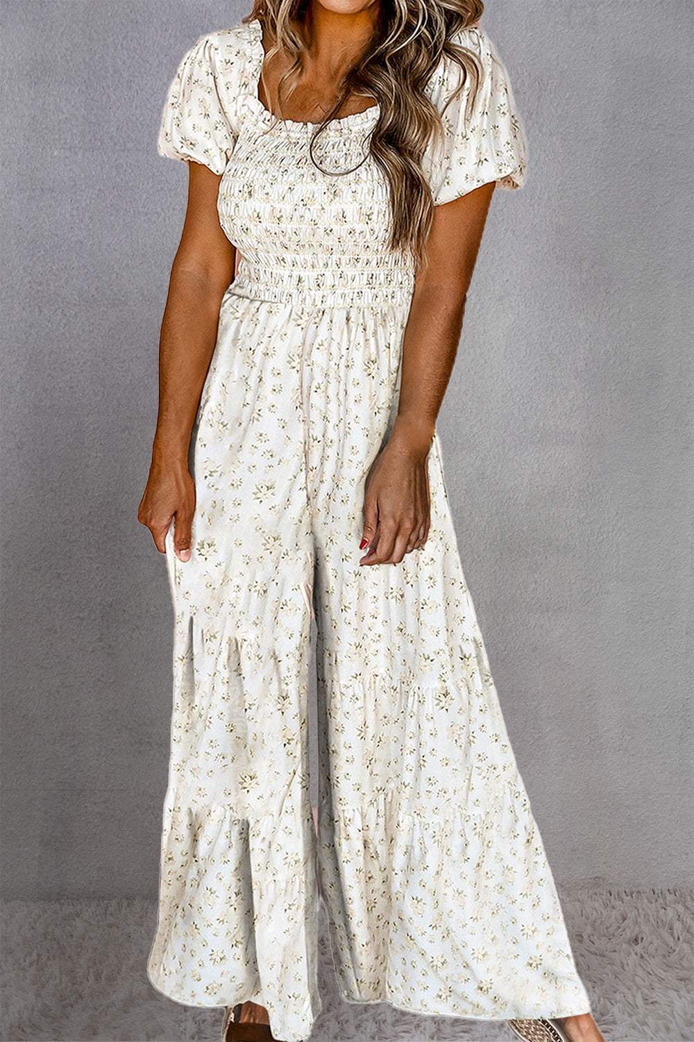 Smocked Printed Short Sleeve Jumpsuit - Trendsi - Flyclothing LLC