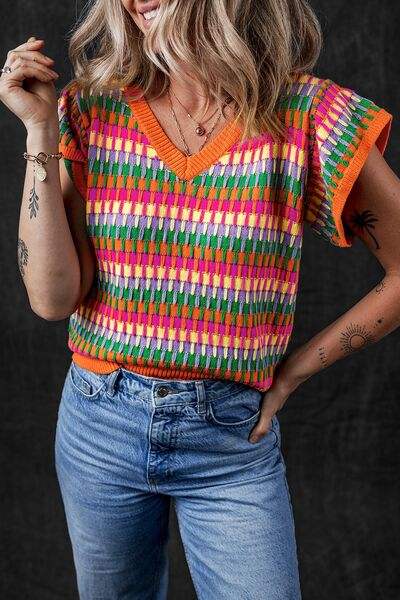 Contrast Striped V-Neck Knit Top - Trendsi - Flyclothing LLC