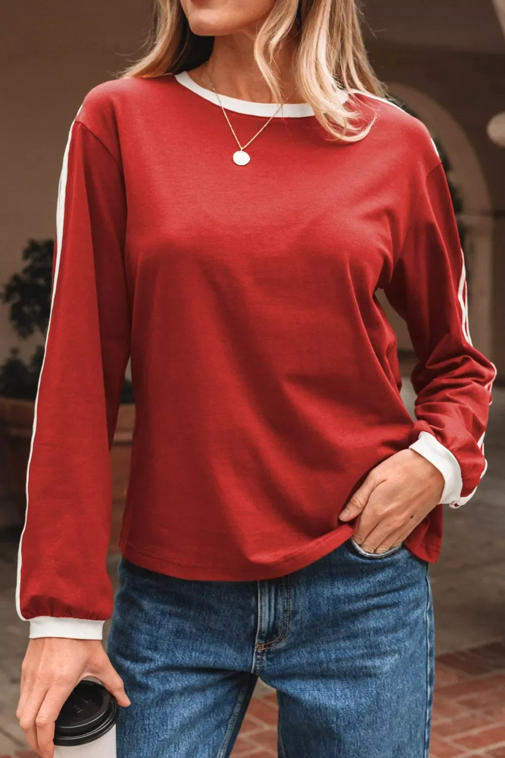 Long Sleeve T-Shirt with Contrast Trim - Trendsi - Flyclothing LLC