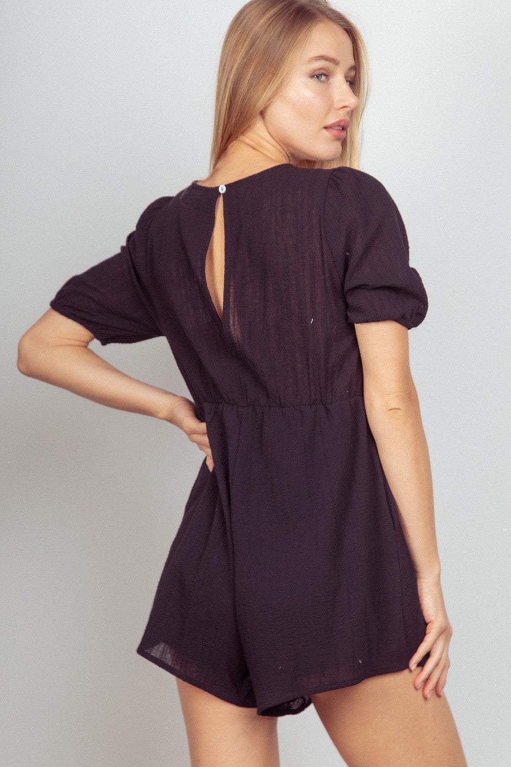 VERY J Lace Detail Puff Sleeve Romper with Pockets - Trendsi - Flyclothing LLC