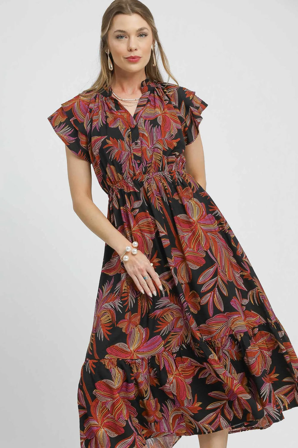 Umgee Mix Ruffle Sleeve Tropical Midi Dress - Trendsi