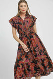 Umgee Mix Ruffle Sleeve Tropical Midi Dress - Trendsi