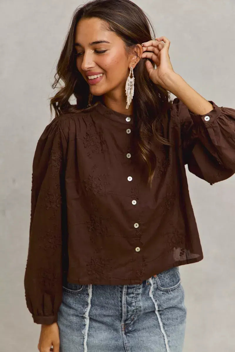 SO ME 3d Floral Woven Long Sleeve Front Button Shirt - Trendsi - Flyclothing LLC