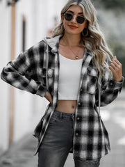 Drawstring Plaid Long Sleeve Hooded Shacket - Trendsi