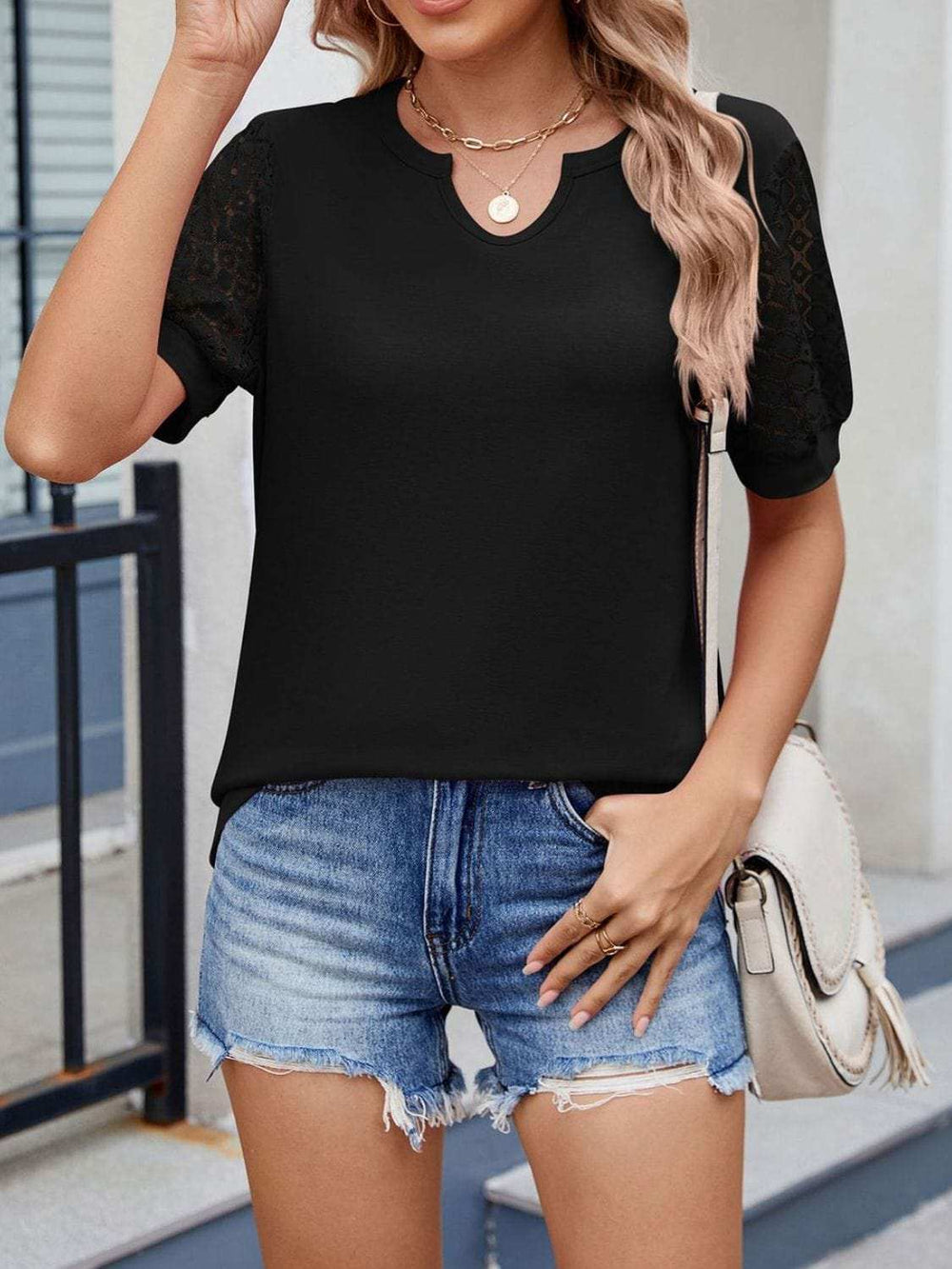 Lace Short Sleeve T-Shirt - Trendsi - Flyclothing LLC