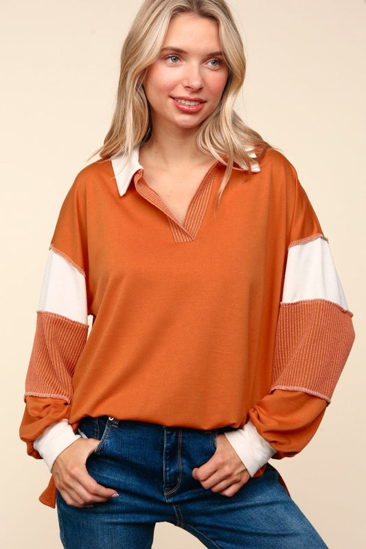 Haptics Color Block Exposed Seam Long Sleeve Top - Trendsi