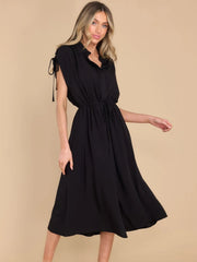 Drawstring Collared Neck Short Sleeve Midi Dress - Trendsi