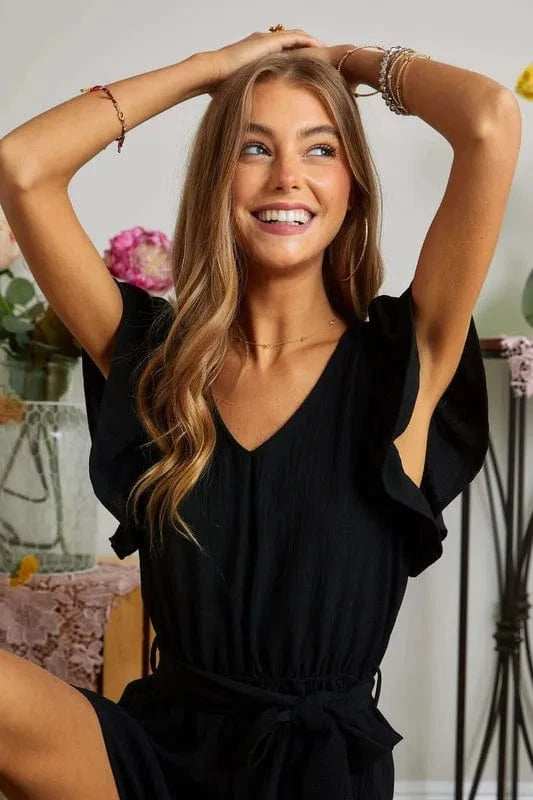 ADORA Ruffle Sleeves Romper with Pockets - Trendsi - Flyclothing LLC