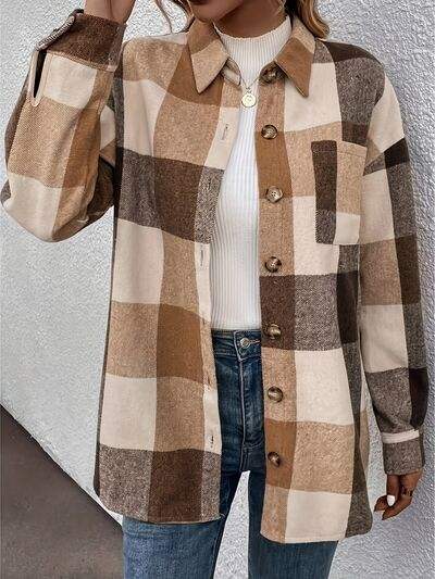 Curved Hem Plaid Collared Neck Shacket - Trendsi - Flyclothing LLC