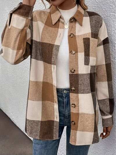 Curved Hem Plaid Collared Neck Shacket - Trendsi - Flyclothing LLC