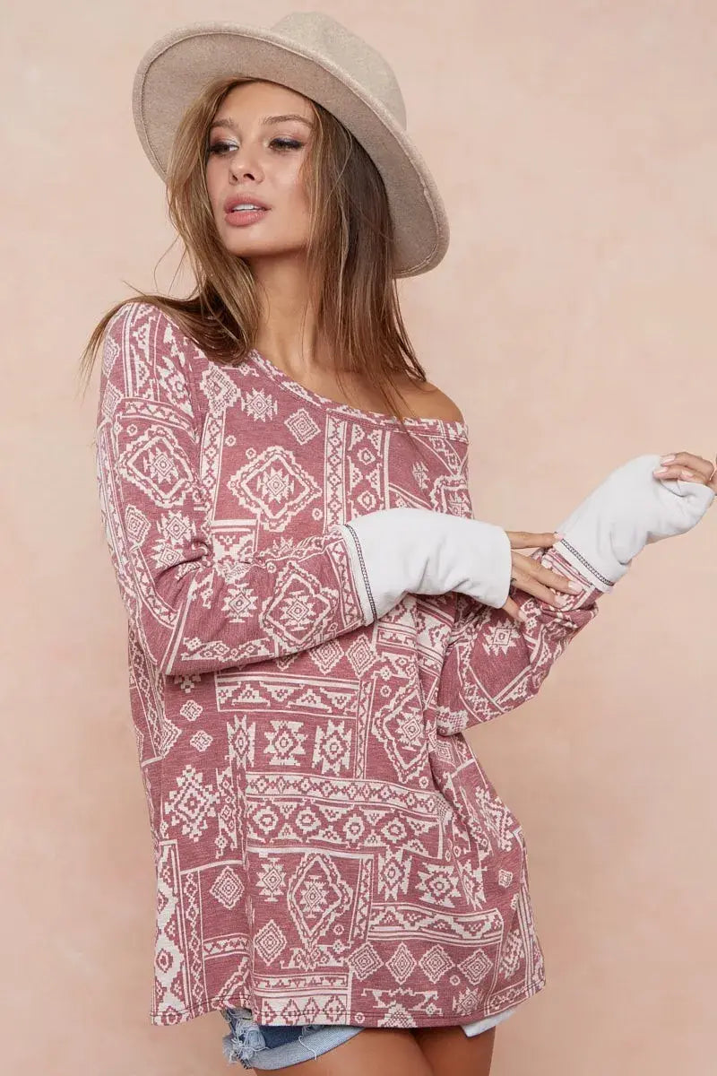 BiBi Aztec Print French Terry Top with Thumb Opening - Trendsi - Flyclothing LLC