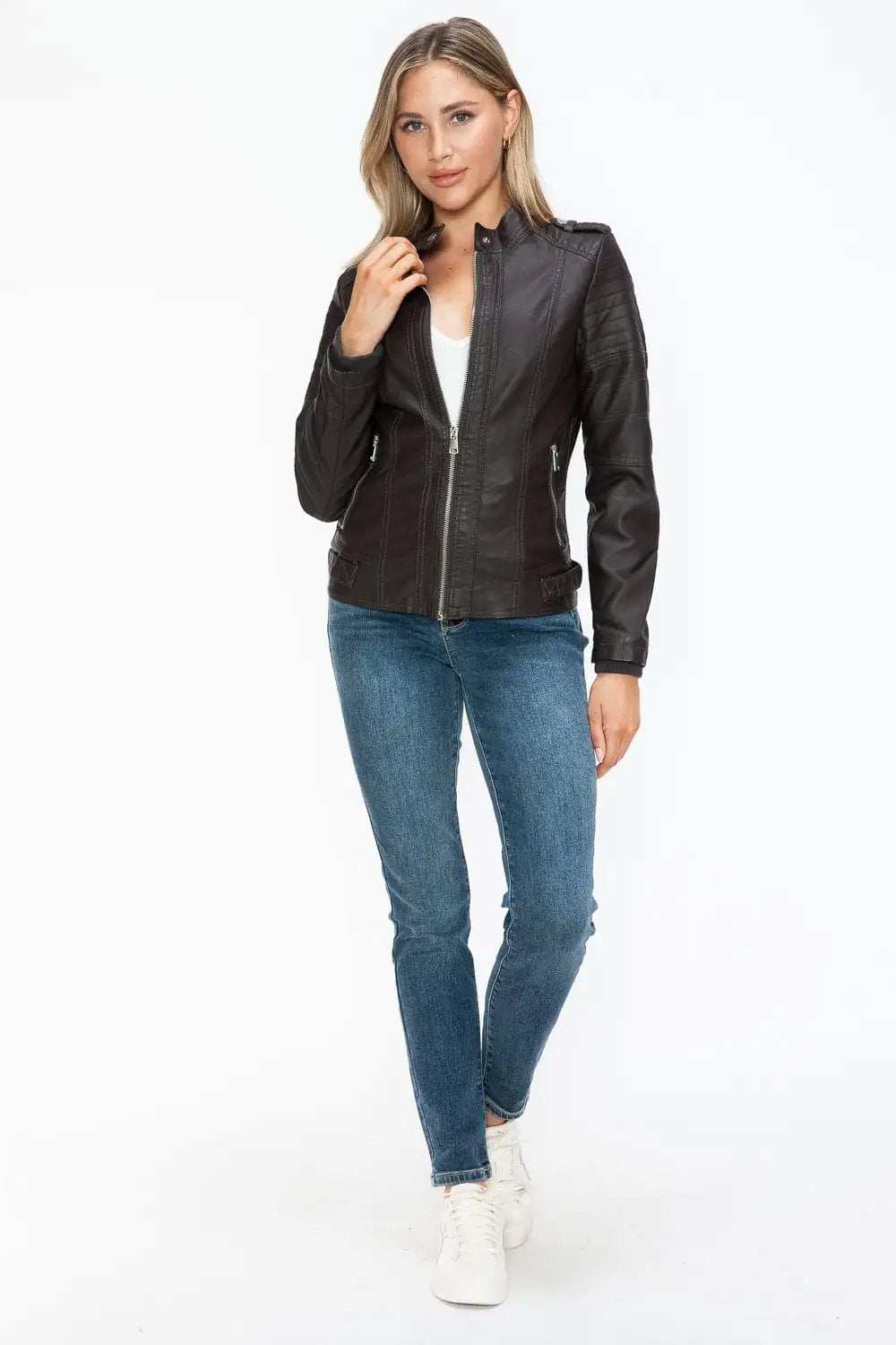 Snobbish PU Leather Biker Jacket with Side Zip Pockets - Trendsi - Flyclothing LLC