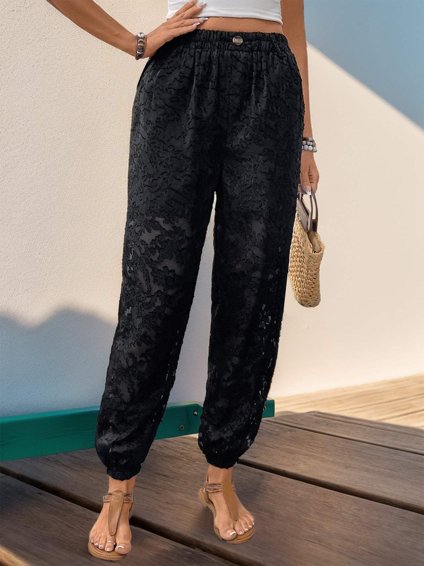 Pocketed Lace Elastic Waist Pants - Trendsi - Flyclothing LLC