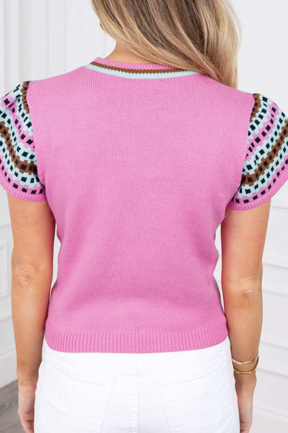 Contrast Short Sleeves Round Neck Sweater - Trendsi - Flyclothing LLC