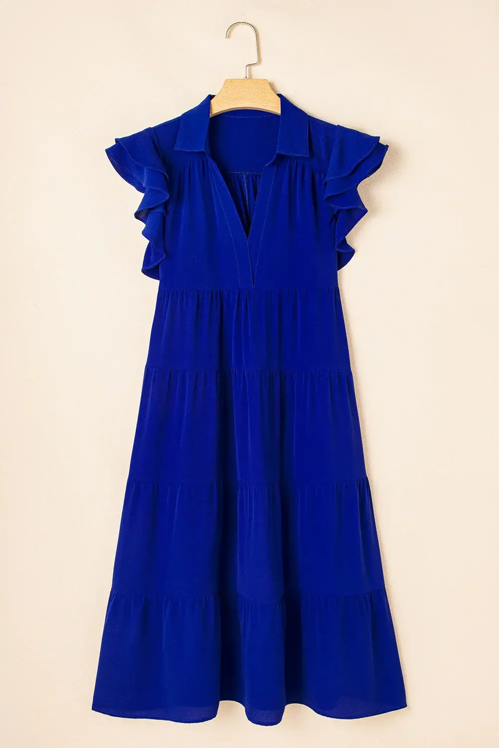 Ruffled Short Sleeve Collared V Neck Tiered Midi Dress - Trendsi - Flyclothing LLC