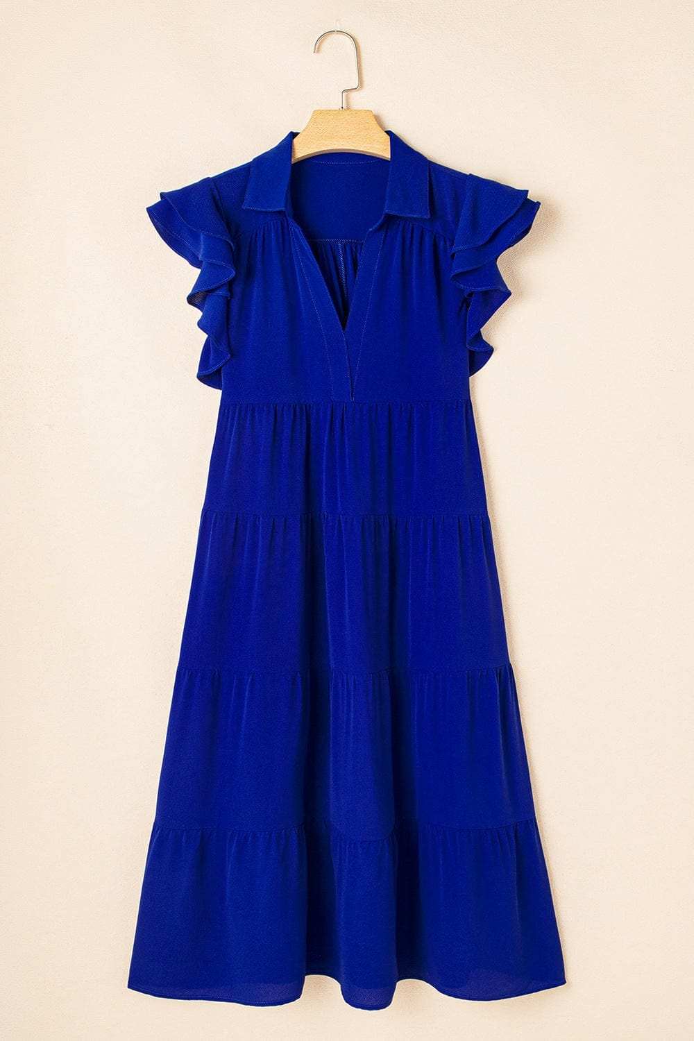 Ruffled Short Sleeve Collared V Neck Tiered Midi Dress - Trendsi - Flyclothing LLC