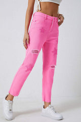 Star Raw Hem Distressed Jeans - Trendsi - Flyclothing LLC