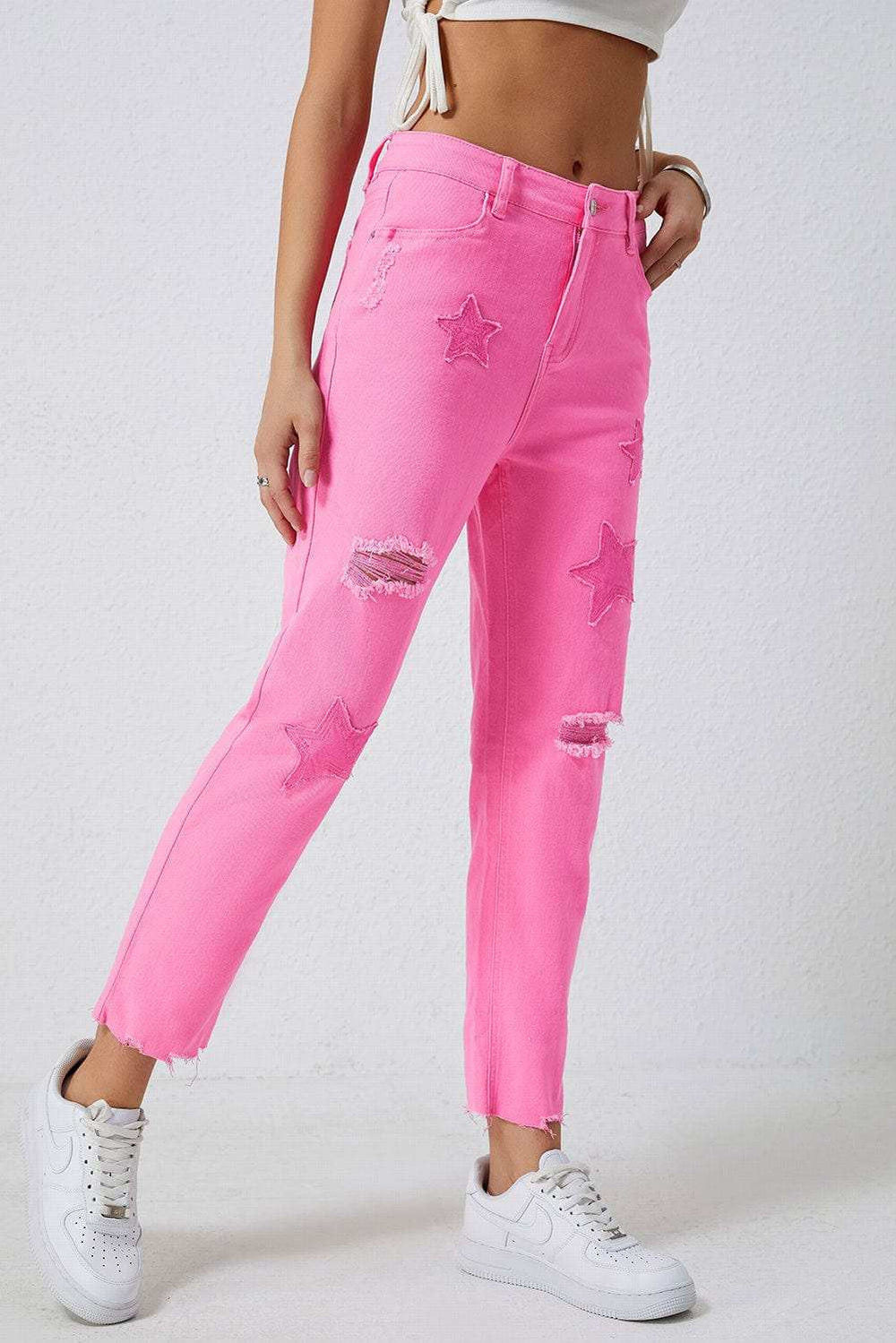 Star Raw Hem Distressed Jeans - Trendsi - Flyclothing LLC