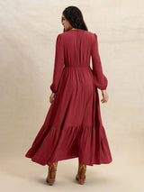 V-Neck Balloon Sleeve Ruffled Hem Maxi Dress - Trendsi - Flyclothing LLC