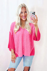 Exposed Seam V-Neck Three-Quarter Sleeve Blouse - Trendsi - Flyclothing LLC