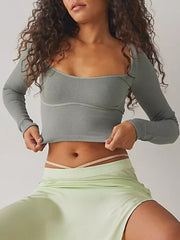 Scoop Neck Long Sleeve Cropped T-Shirt - Trendsi
