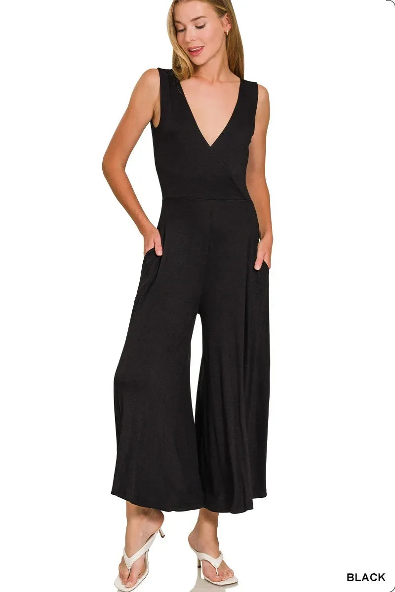 Zenana Surplice Neckline Sleeveless Jumpsuit - Trendsi - Flyclothing LLC