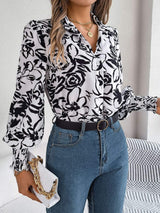 Printed Collared Neck Lantern Sleeve Shirt - Trendsi - Flyclothing LLC