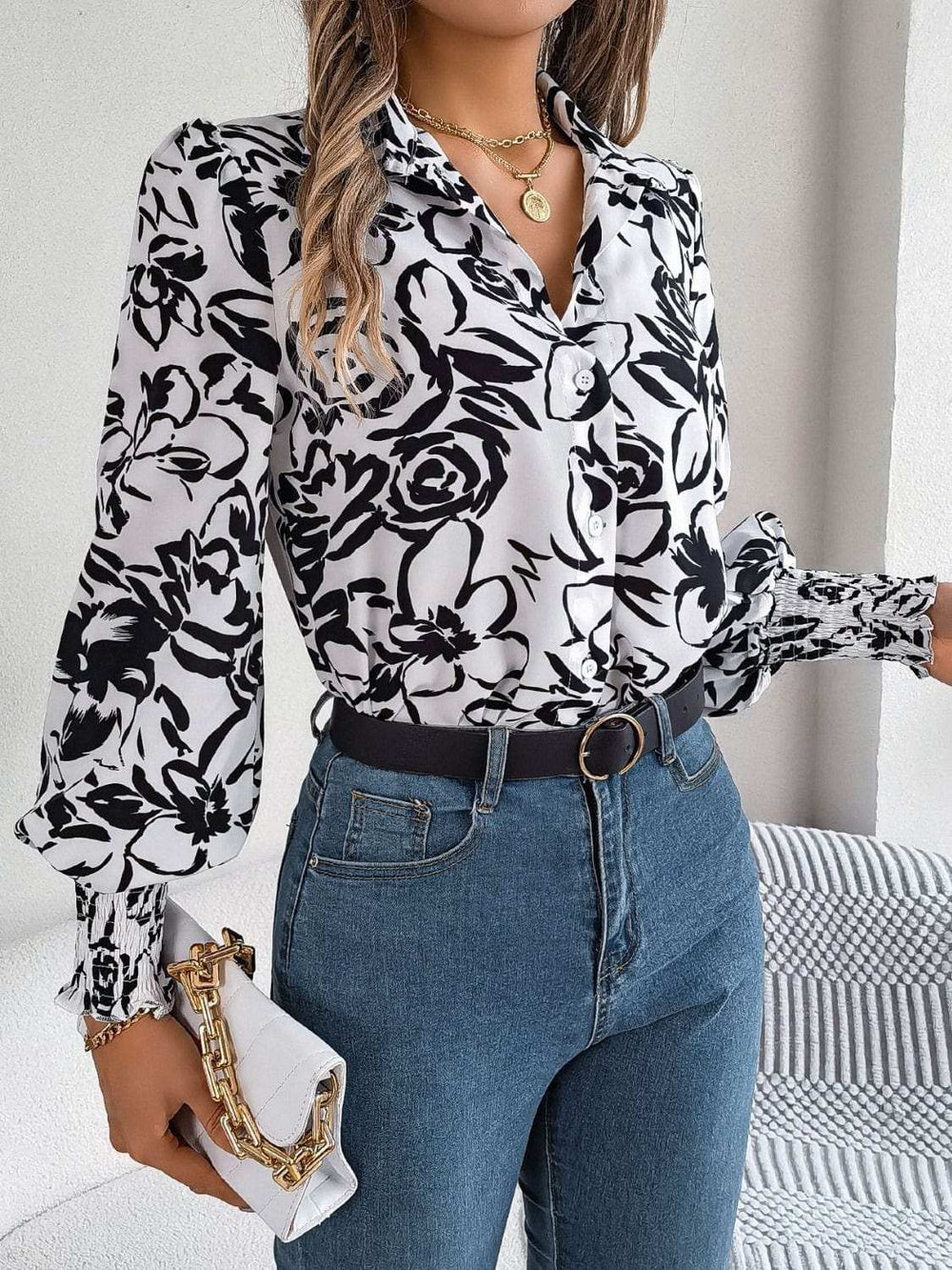 Printed Collared Neck Lantern Sleeve Shirt - Trendsi - Flyclothing LLC