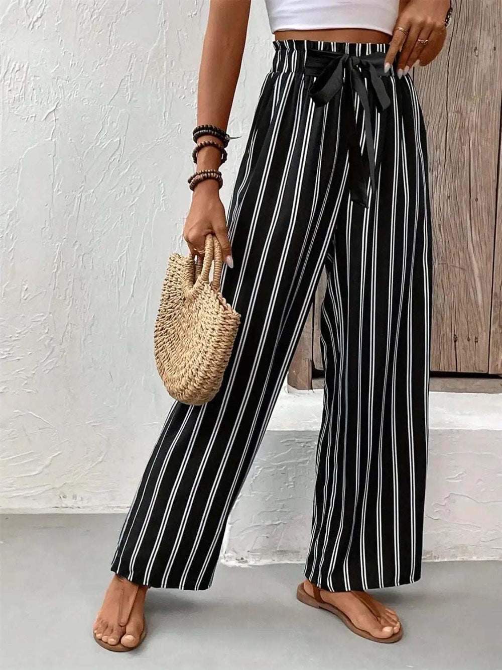 Striped High Waist Wide Leg Pants - Trendsi - Flyclothing LLC