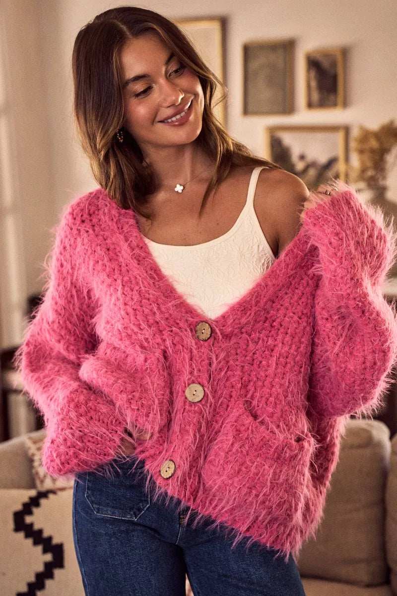 SO ME Soft Touch Hairy Loose Fit Cozy Sweater Cardigan - Trendsi - Flyclothing LLC