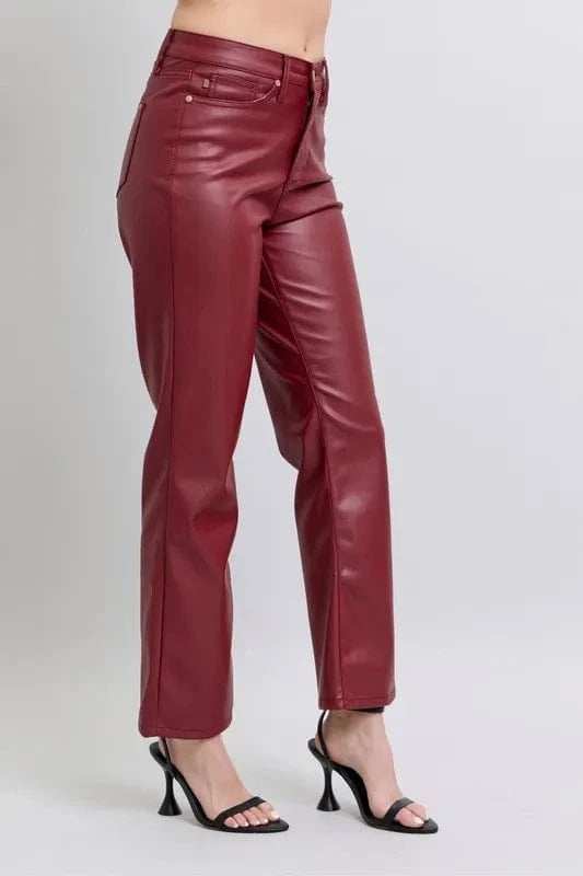 Judy Blue Full Size High Waist Tummy Control Faux Leather Straight Pants Plus Size - Trendsi - Flyclothing LLC