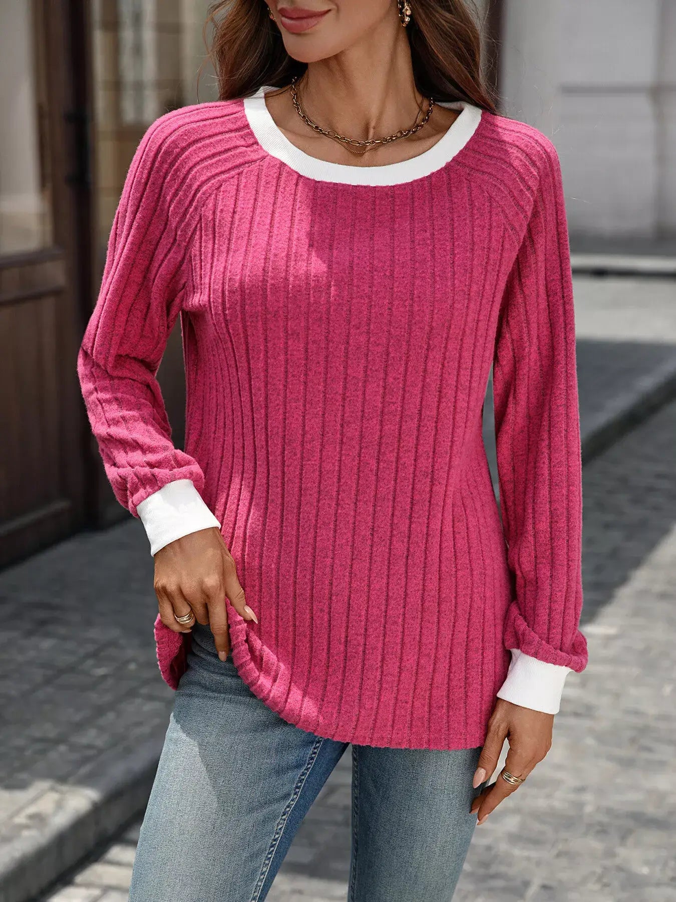 Ribbed Round Neck Raglan Sleeve Knit Top - Trendsi - Flyclothing LLC