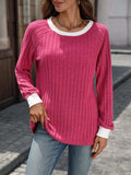 Ribbed Round Neck Raglan Sleeve Knit Top - Trendsi - Flyclothing LLC