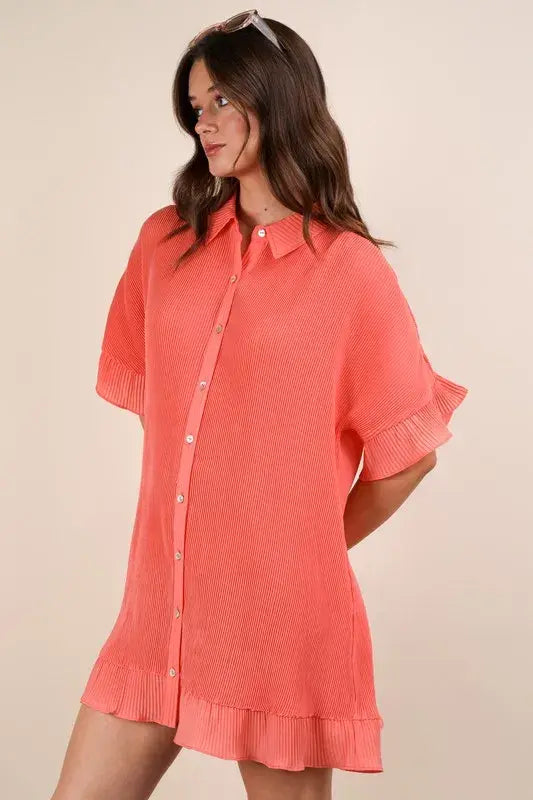 VERY J Pleated Detail Button Down Mini Dress - Trendsi - Flyclothing LLC