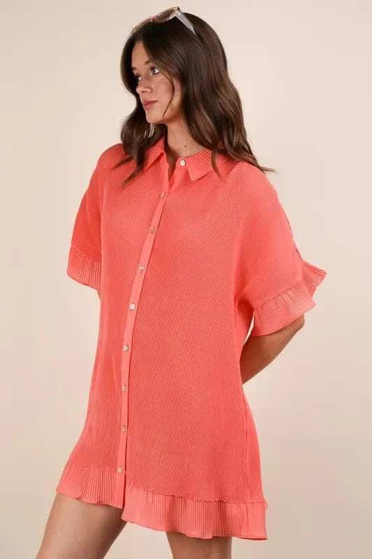 VERY J Pleated Detail Button Down Mini Dress - Trendsi - Flyclothing LLC