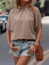 Swiss Dot Mock Neck Half Sleeve Blouse - Trendsi - Flyclothing LLC