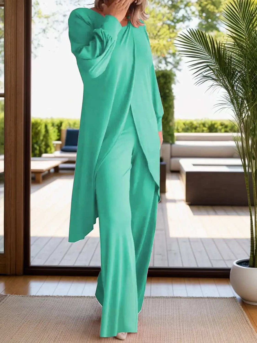 Full Size Slit Round Neck Long Sleeve Top and Pants Set - Trendsi - Flyclothing LLC